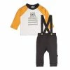 Deux Par Deux Organic Cotton Top And Pant Set Dark Grey, Yellow And Heather Beige