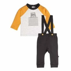 Deux Par Deux Organic Cotton Top And Pant Set Dark Grey, Yellow And Heather Beige