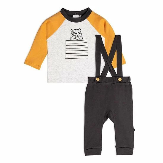 Deux Par Deux Organic Cotton Top And Pant Set Dark Grey, Yellow And Heather Beige