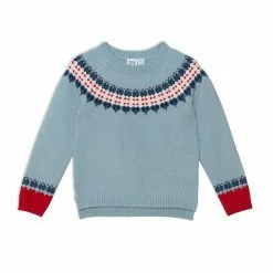 Deux Par Deux Long Sleeve Knitted Sweater Light Blue And Red