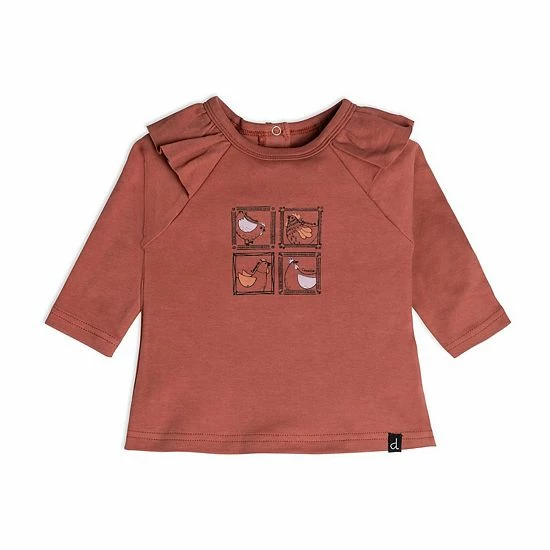 Deux Par Deux Organic Cotton Top And Pant Set Hen Print Rust And Beige - Image 2