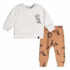 Deux Par Deux Organic Cotton Printed Dogs Top And Pant Set Beige Mix And Brown