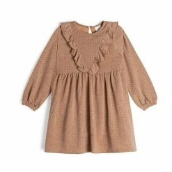 Deux Par Deux Long Sleeve Dress With Frill Beige