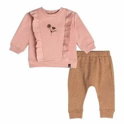 Deux Par Deux Organic Cotton Top And Pant Set With Ruffles Dusty Pink