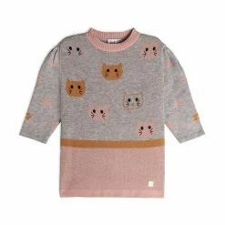 Deux Par Deux Sweater Knit Long Sleeve Dress With Jacquard Cats