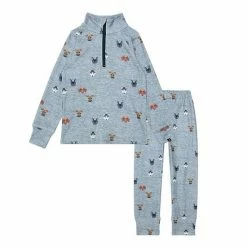 Deux Par Deux Two Piece Thermal Underwear Grey Mix With Printed Little Dogs