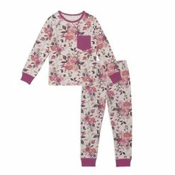 Deux Par Deux Organic Cotton Two Piece Printed Pajama Set Grey Mix Pink With Roses