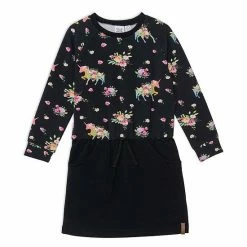 Deux Par Deux Unicorn Printed Raglan Long Sleeve Dress Black