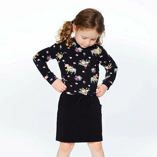 Deux Par Deux Unicorn Printed Raglan Long Sleeve Dress Black - Image 2