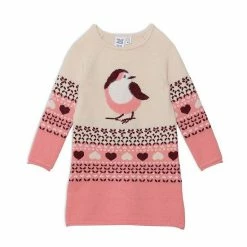Deux Par Deux Knitted Long Sleeve Dress With Bird