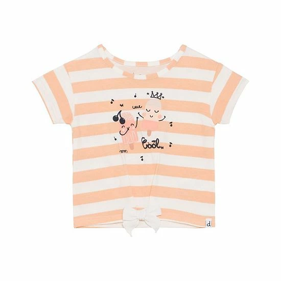 Deux Par Deux Organic Cotton Slub T-Shirt With Bow Printed Stripe Peach