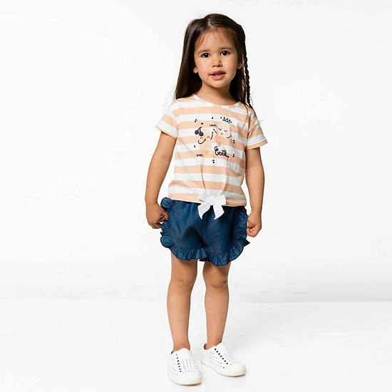 Deux Par Deux Organic Cotton Slub T-Shirt With Bow Printed Stripe Peach - Image 2