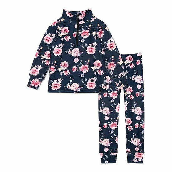 Deux Par Deux Two Piece Thermal Underwear Navy With Printed Roses