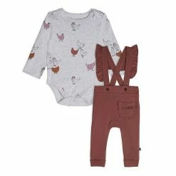 Deux Par Deux Organic Cotton Bodysuit And Overall Set Hen Print