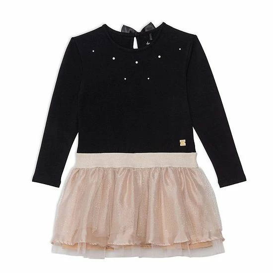 Deux Par Deux Long Sleeve Dress With Mesh Skirt Black And Beige