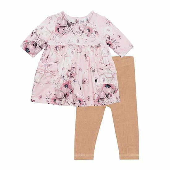 Deux Par Deux Organic Cotton Waffle Legging And Tunic Set Floral Pink And Taupe