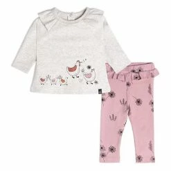 Deux Par Deux Organic Cotton Top And Pant Set Flower Print Beige Mix And Dusty Purple