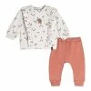 Deux Par Deux Organic Cotton Top And Pant Set With Ruffles Oatmeal Mix