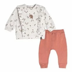 Deux Par Deux Organic Cotton Top And Pant Set With Ruffles Oatmeal Mix