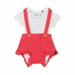 Deux Par Deux Organic Cotton Bodysuit And Bloomer With Straps Set Dark Coral And White