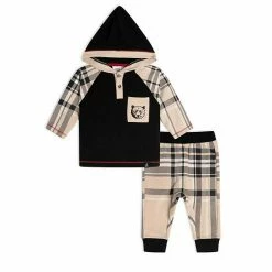 Deux Par Deux Hooded Top And Pant Set Black And Beige Plaid