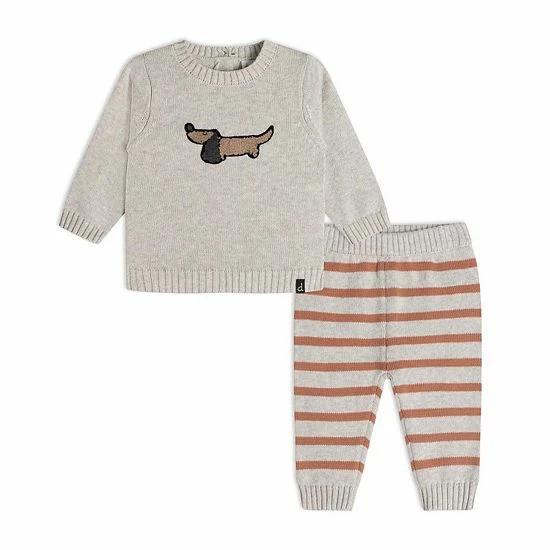 Deux Par Deux Knit Top And Pant Set Striped Beige Mix And Brown