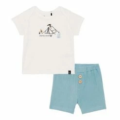 Deux Par Deux Organic Cotton Top And Short Set Turquoise And Off White