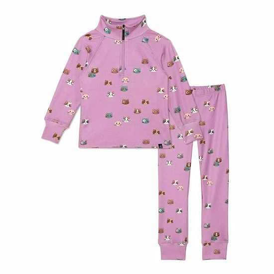 Deux Par Deux Two Piece Thermal Underwear Purple With Printed Little Cats