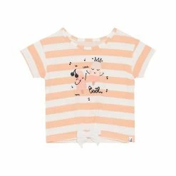 Deux Par Deux Organic Cotton Slub T-Shirt With Bow Printed Stripe Peach