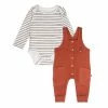 Deux Par Deux Organic Cotton Bodysuit And Overall Set Striped Rust And Heather Beige