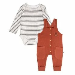 Deux Par Deux Organic Cotton Bodysuit And Overall Set Striped Rust And Heather Beige