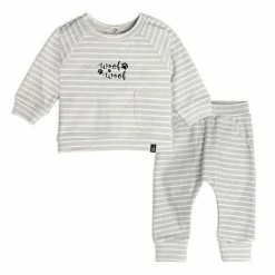 Deux Par Deux Organic Cotton Striped Top And Pant Set Green-Grey