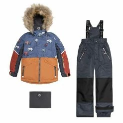 Deux Par Deux Printed Grizzlys Two Piece Snowsuit Navy Blue, Brown And Dark Grey