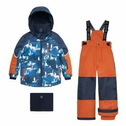 Deux Par Deux Two Piece Snowsuit Blue With Printed Penguins And Orange