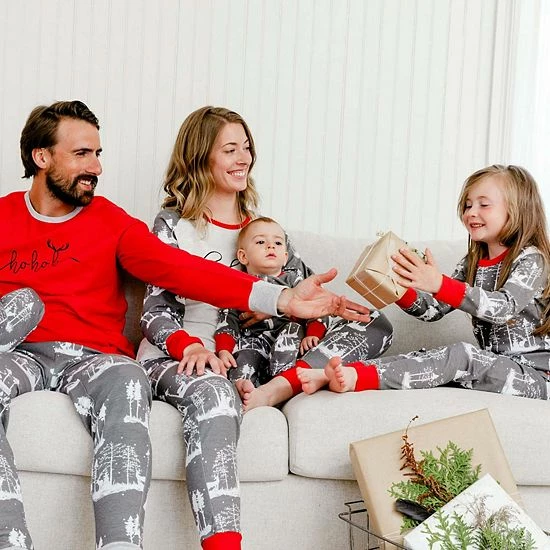 Deux Par Deux Organic Cotton Christmas Family Two Piece Printed Pajama Set With Deer And Trees - Image 2