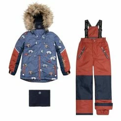 Deux Par Deux Printed Grizzlys Two Piece Snowsuit With Solid Pant Navy Blue And Brown