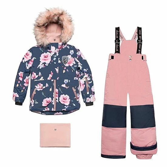 Deux Par Deux Printed Roses Two Piece Snowsuit Navy With Dusty Rose Pant