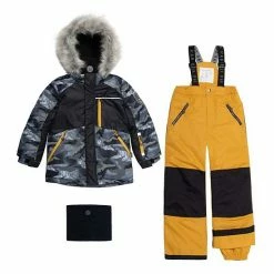 Deux Par Deux Two Piece Snowsuit Khaki With Printed Camo And Golden Yellow