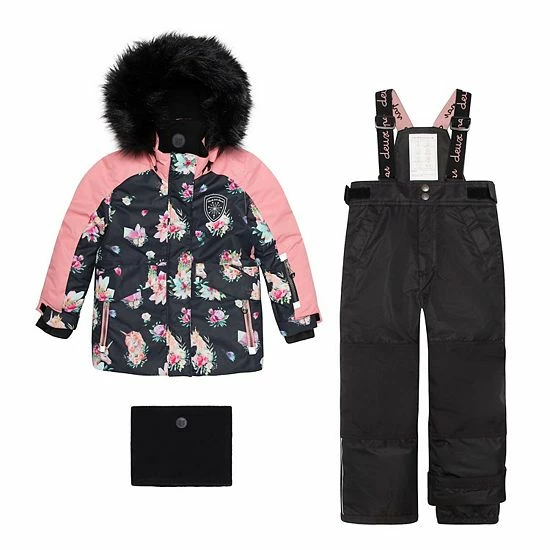 Deux Par Deux Printed Unicorns Two Piece Snowsuit Coral And Black