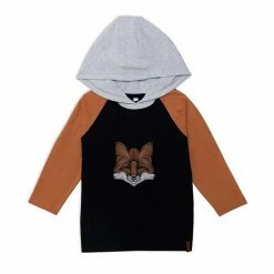 Deux Par Deux Hooded Long Raglan Sleeve Top Printed Fox