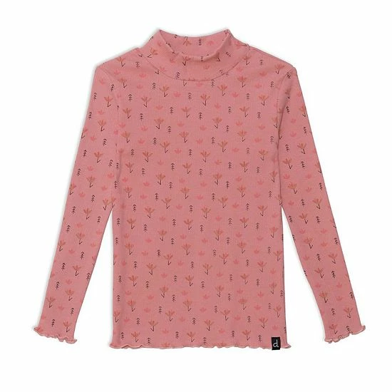 Deux Par Deux Printed Long Sleeve Mock Neck Rib Top Peach Pink
