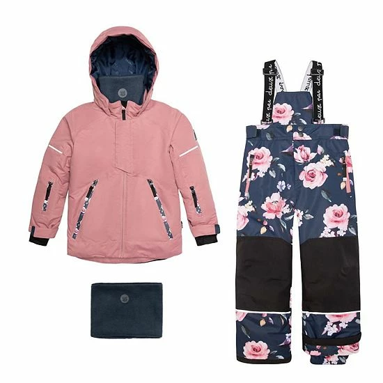 Deux Par Deux Two Piece Technical Snowsuit Dusty Rose And Navy Printed Roses