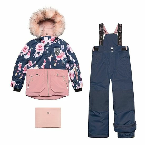 Deux Par Deux Printed Roses Two Piece Snowsuit Dusty Rose With Navy Pant
