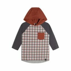 Deux Par Deux Hooded Jersey Top Plaid Print