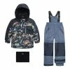 Deux Par Deux Printed Dinosaurs Two Piece Snowsuit Black And Steel Blue