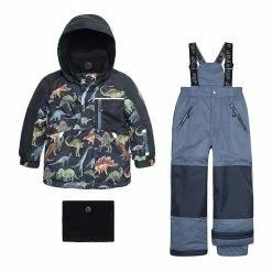 Deux Par Deux Printed Dinosaurs Two Piece Snowsuit Black And Steel Blue
