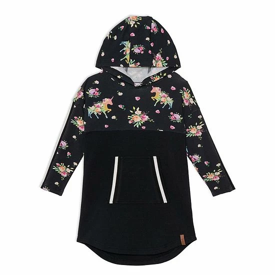 Deux Par Deux Hooded Long Sleeve Dress With Unicorn Print Black