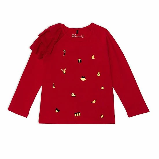 Deux Par Deux Long Sleeve Raglan Top With Frill Red