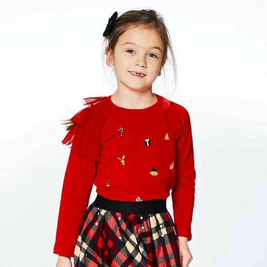 Deux Par Deux Long Sleeve Raglan Top With Frill Red - Image 2