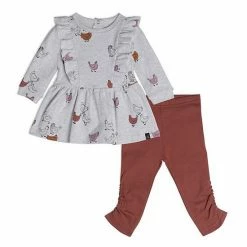 Deux Par Deux Organic Cotton Dress And Leggings Set Hen Print Rust And Beige